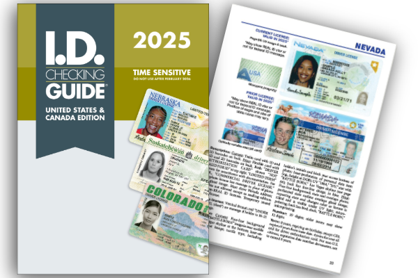 I.D. Checking Guide, United States & Canada Edition for 2025 with a blue and yellow cover